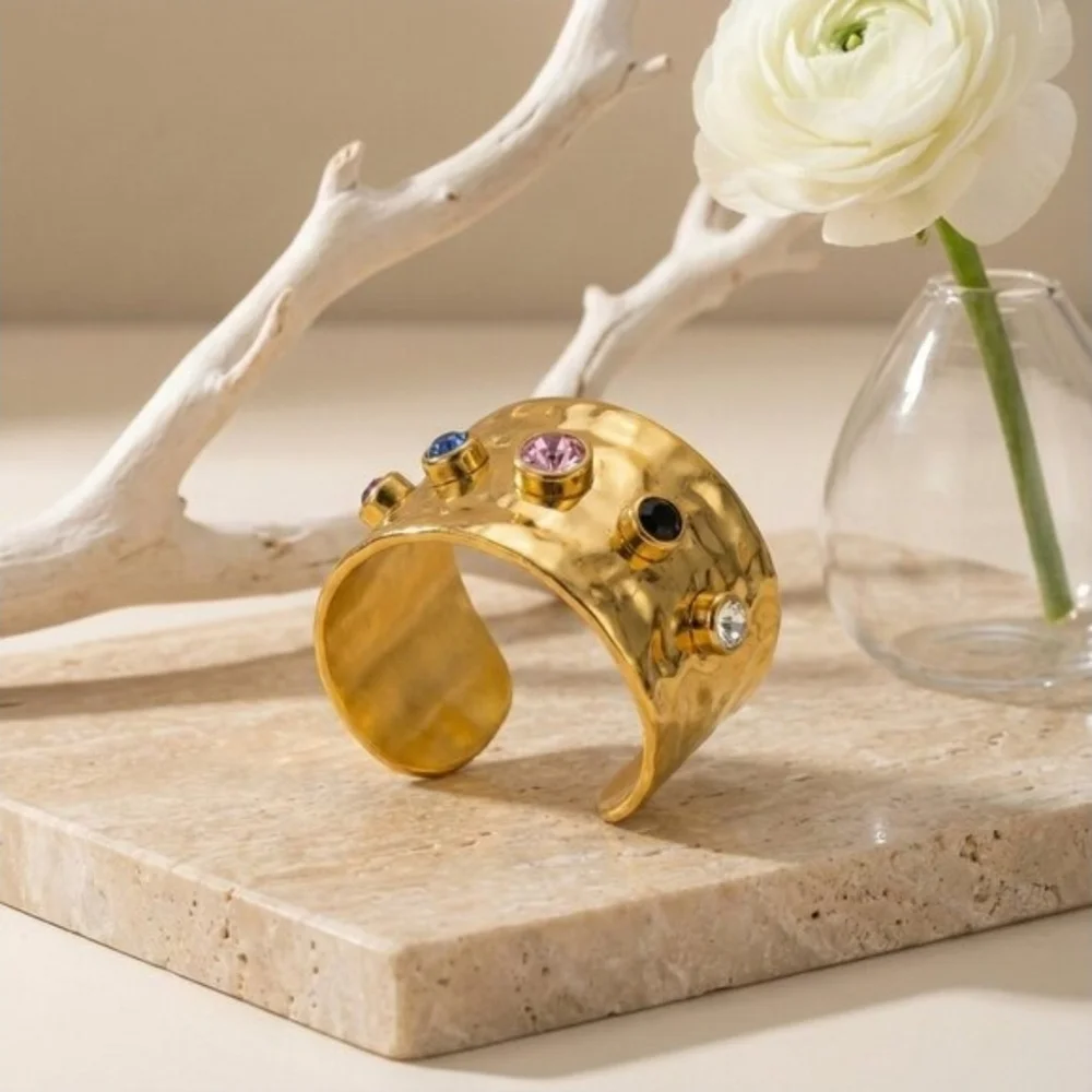 18K Gold Plated Hammered Ring Adjustable Colorful CZ Gemstones Bold Look